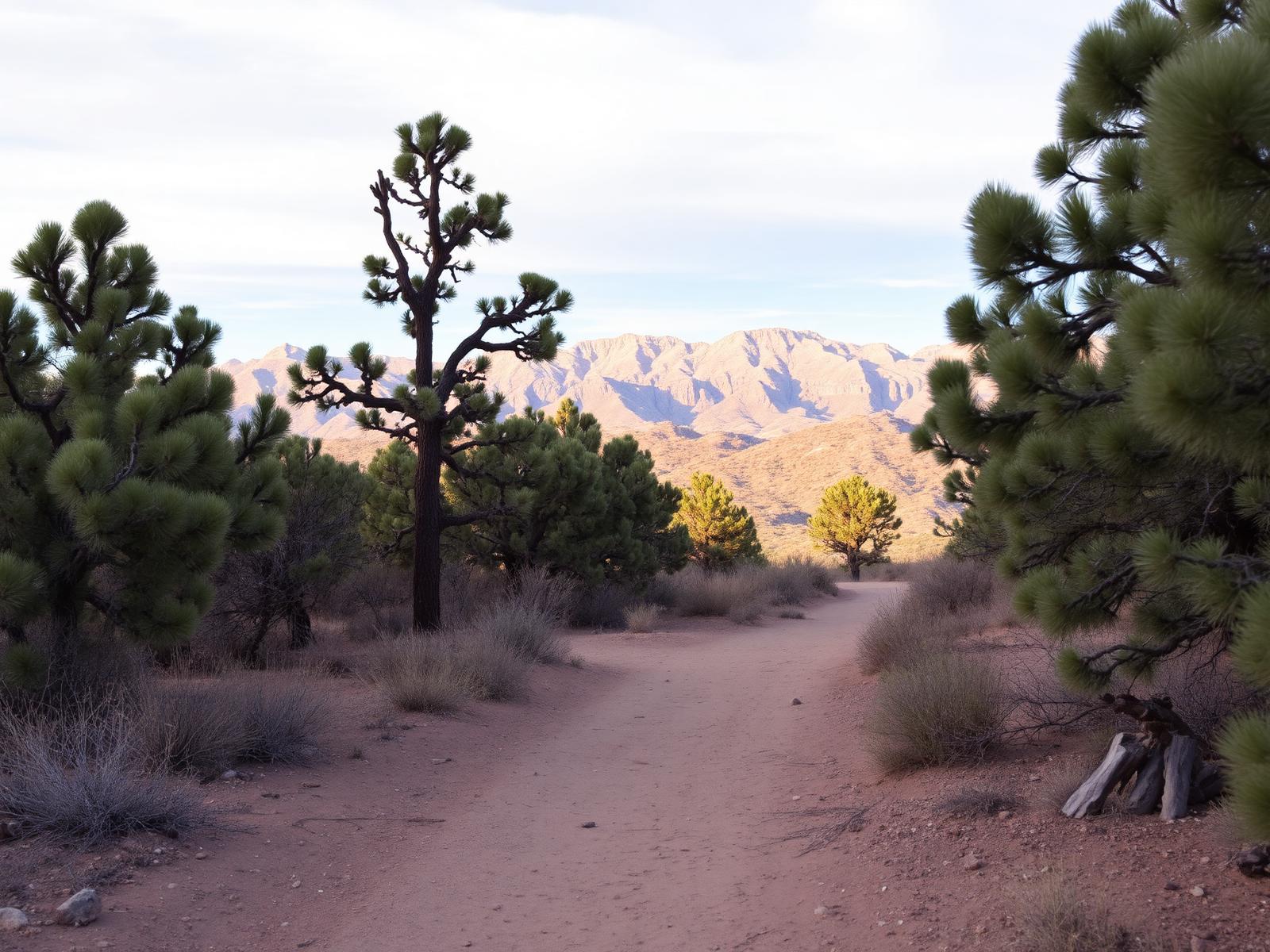 High desert trail in Prescott Valley with junipers, granite, and distant mountains